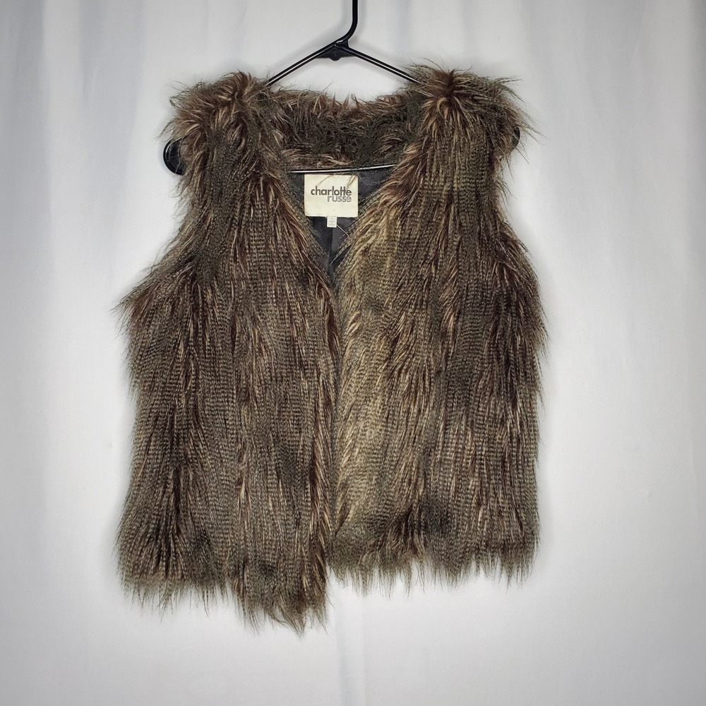 Charlotte Russe Faux Fur Vest Small Brown Black Hook Eye V-Neck Forest Fairy